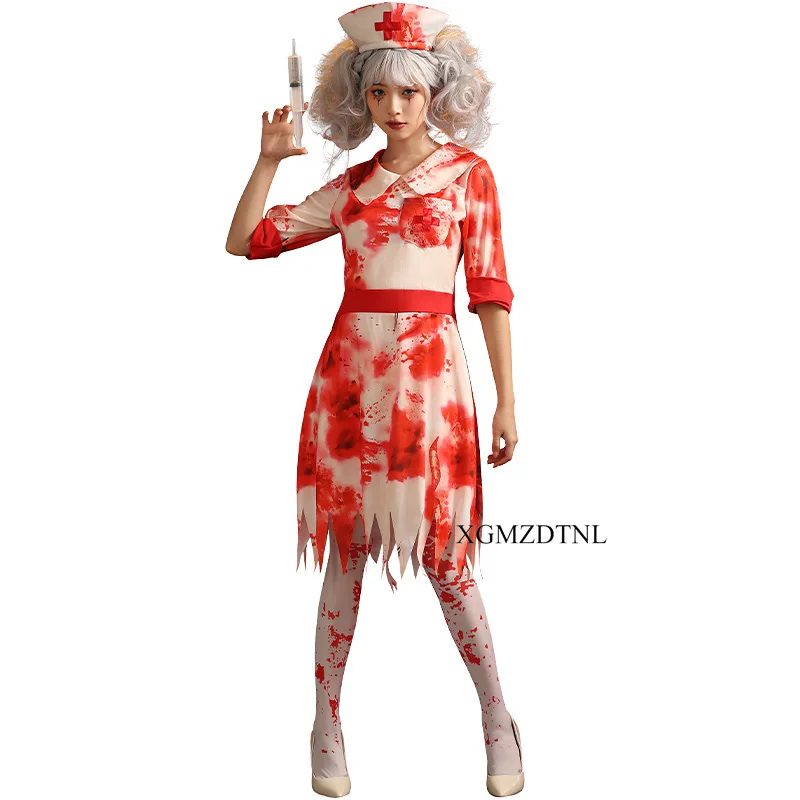 Halloween Women Dress Ghost Nurse White Irregular Edge Bloody Skirt Terror Party Sexy Suit Cosplay Costume Festival Performance