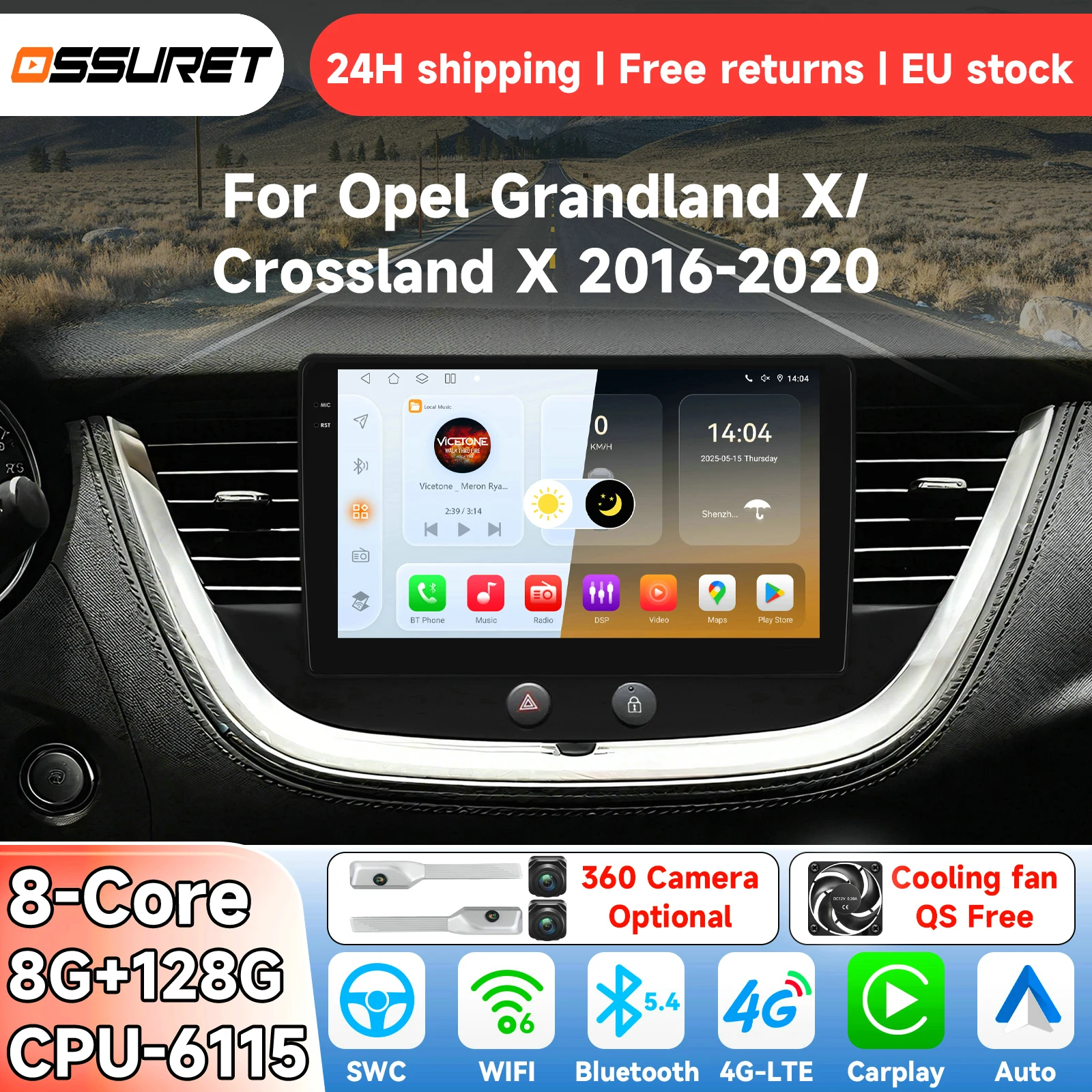 OSSURET AI Android 14 Autoradio per Opel Grandland X Crossland X 2016-2020 Sistema Intelligente Carplay Auto Lettore Multimediale Video GPS 4G WIFI BT 6115