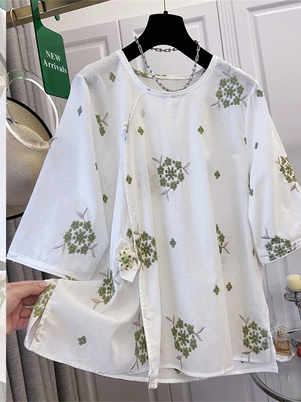 

New 2025 Summer Chinese Sle Loose Floral irt Women's plus Size Midi Sve irt Ele Casual Cotton Linen Blend