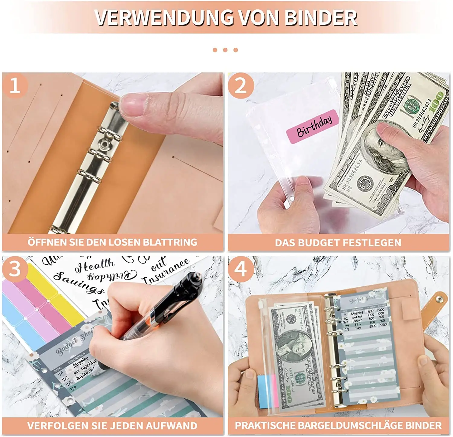 28Pcs A6 PU หนัง Binder Budget โน้ตบุ๊คโฟลเดอร์ใส Binder กระเป๋า,Budget แผ่น,สติกเกอร์,สำหรับเงิน