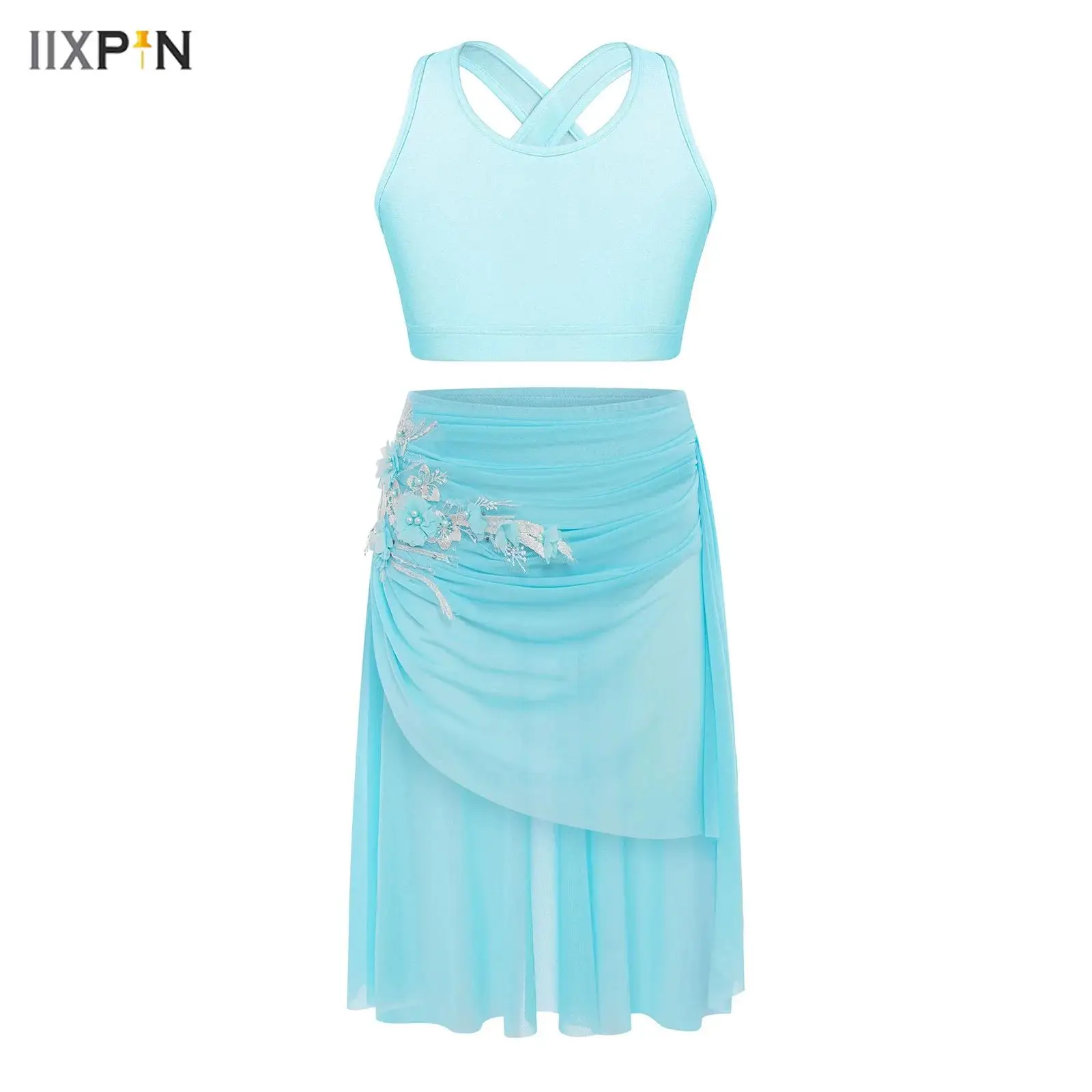 

Kids Girls Lyrical Dance Costume U Neck Sleeveless Cross Keyhole Back Cropped Vest with Applique Asymmetrical Ruched Mesh Skirt