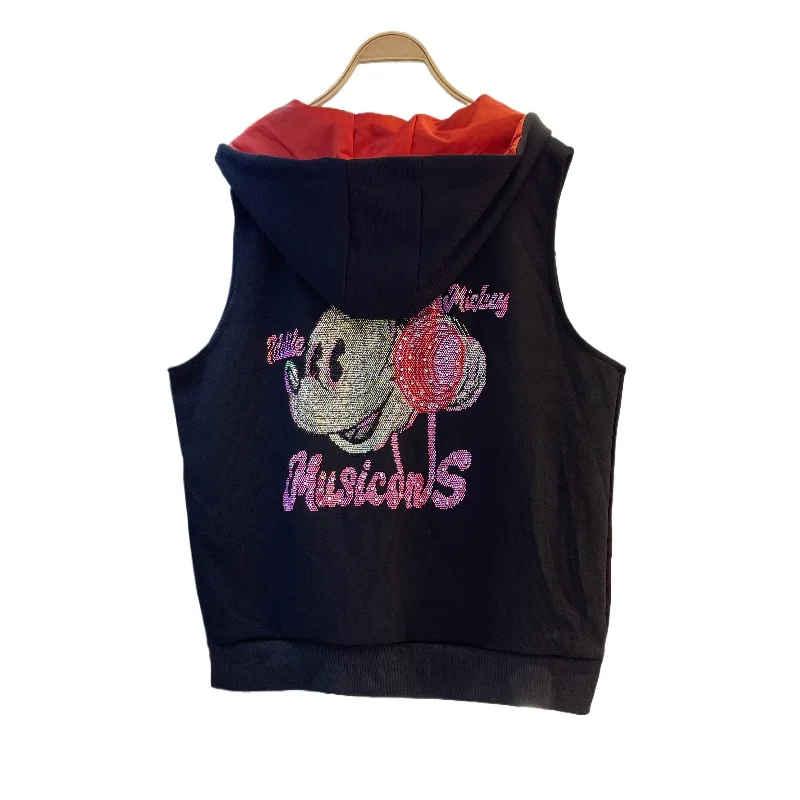 Hooded Vest for Women Spring and Autumn New Korean Fashion Versatile Loose Cartoon Rhinestone Vest Zip Up Sleeveless Jacket