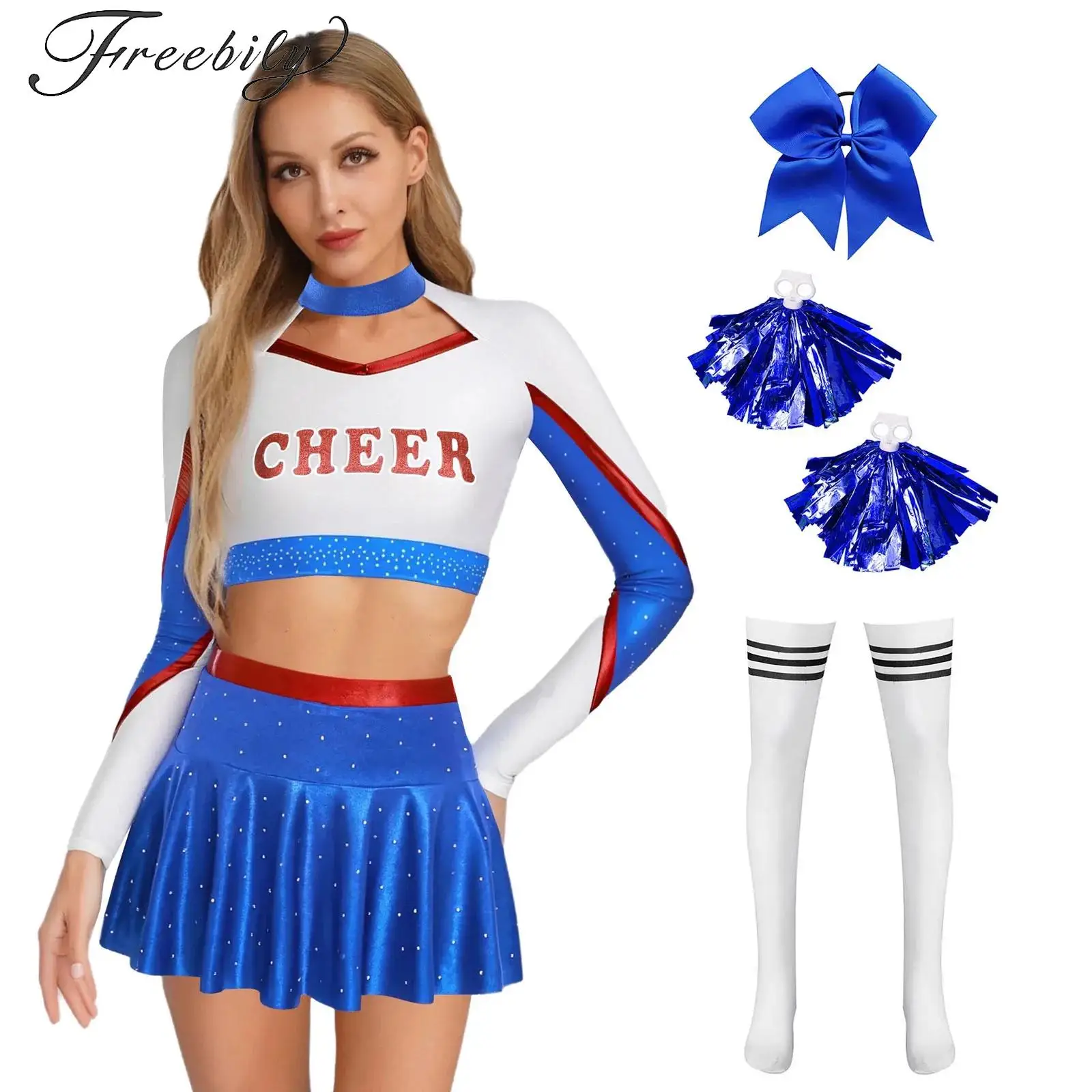 

Adult Cheerleading Uniform Costume Halloween Schoolgirl Party Cheerleader Cosplay Rave Uniform Suit Crop Top with Pleated Skirt