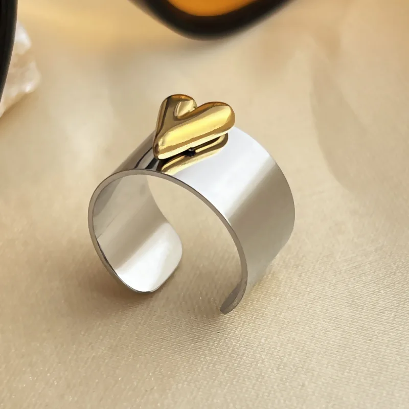 ZAKOL New Three-dimensional Heart-shaped Glossy Stainless Steel Open Ring Fashion Punk Wide Couple Rings Everyday Jewelry