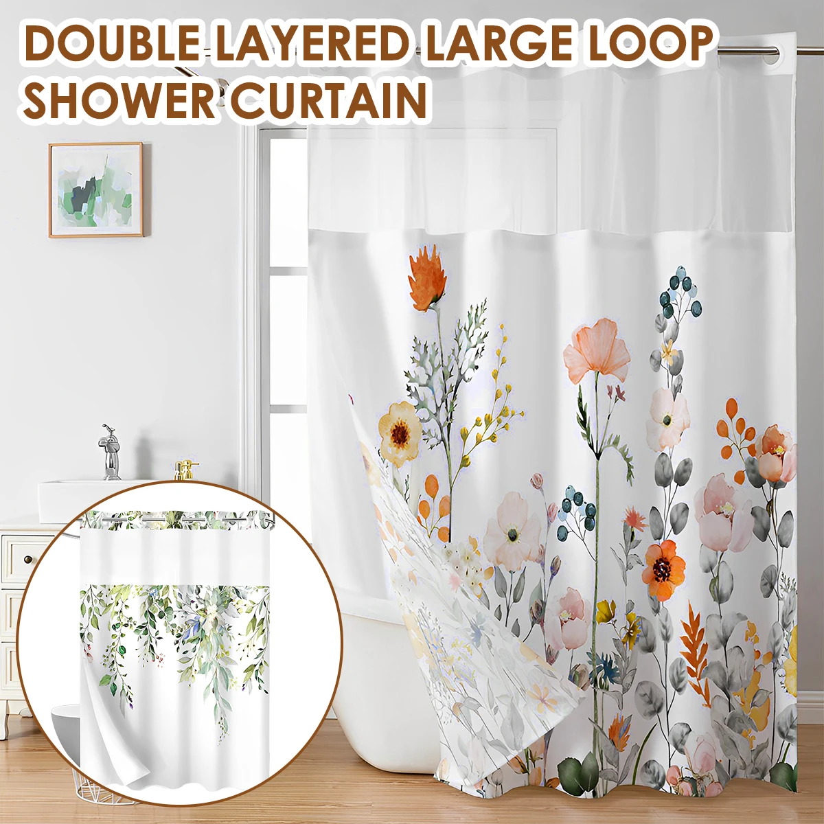 

Hook Free Shower Curtain Waterproof Bathroom Curtains with Snap In Liner Privacy Protection Bath Curtains Decorative Leaves