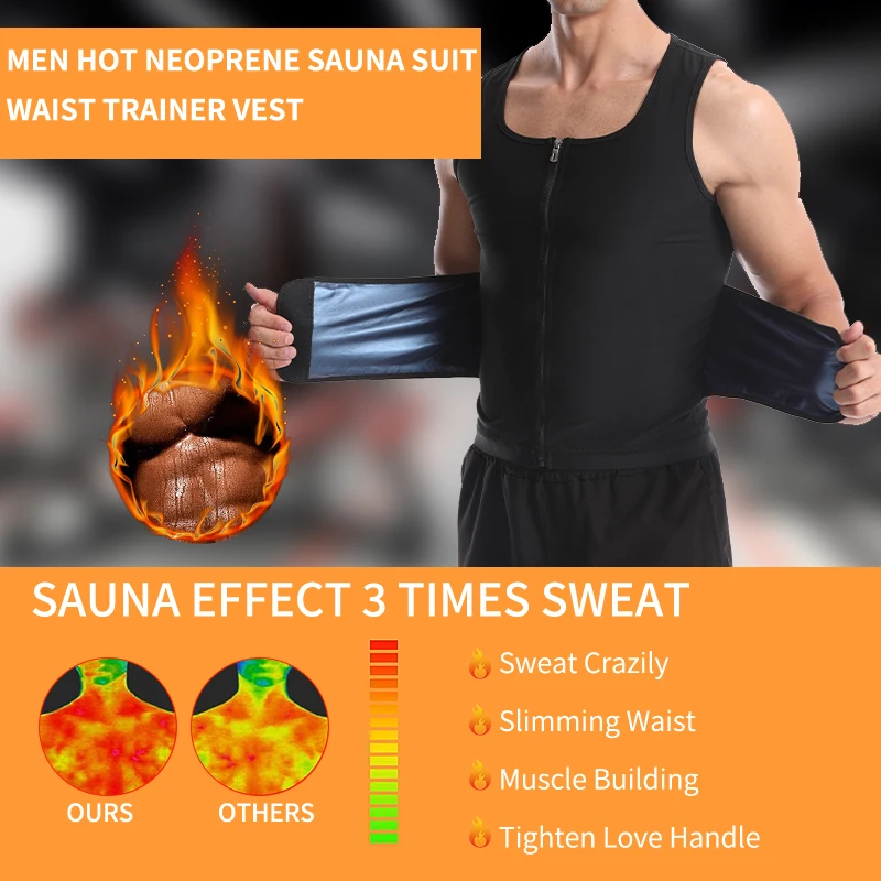 Men Body Shaper Sauna Sweat Vest Workout Tank Top Abdomen Reducer Waist Trainer Belly Slimming Shapewear with Zipper Weight Loss