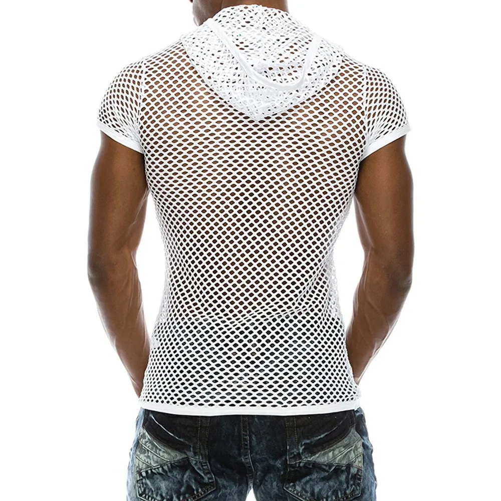 Men T Shirt Mesh Transparent Hooded T-shirts Sexy Streetwear Fashion Party Nightclub Men Black White Clothing