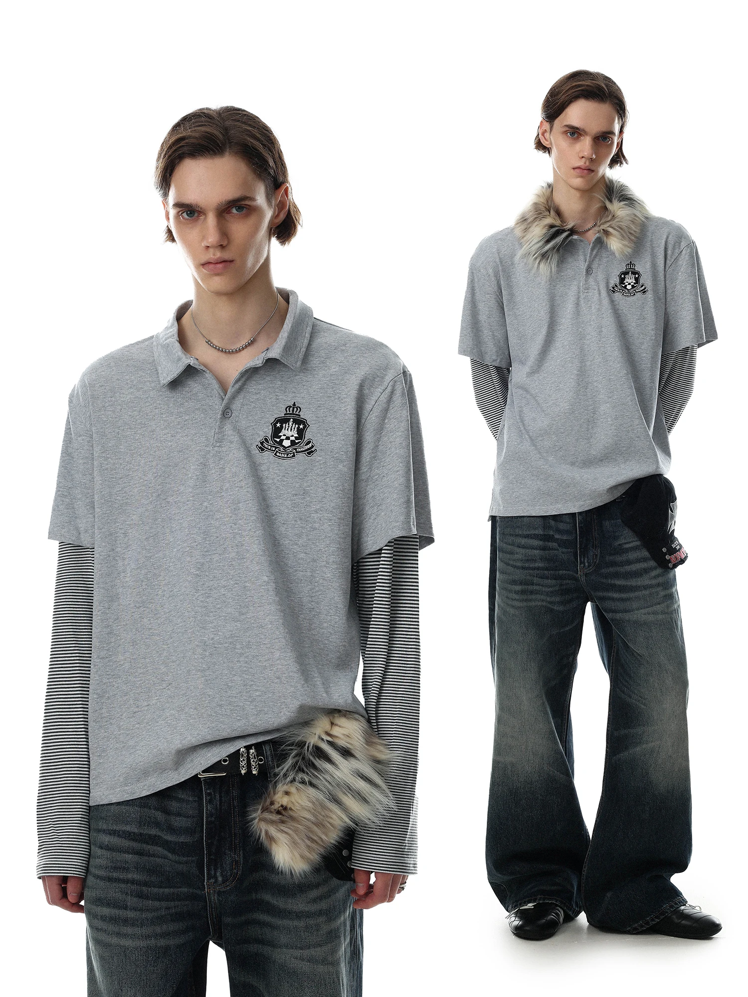 American Retro Long Sleeve T-Shirt with Detachable Fur Collar Unisex Embroidery Design Breathable Cotton Casual Wear