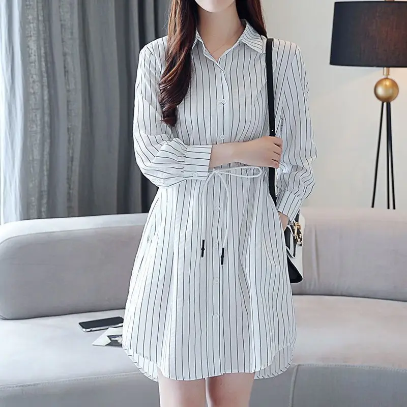 Korean Version Long Sleeved Mid Length Women's Shirt Skirt Spring Summer High Street Waist Cinched Lace-up Loose Shirt for Women