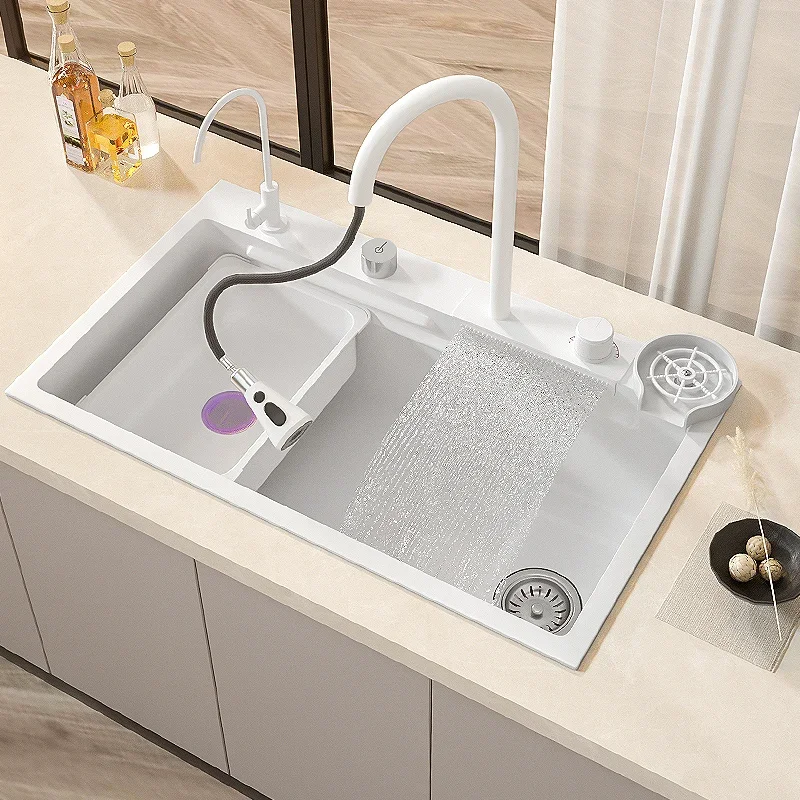 Waterfall Kitchen Sink White Large Size Nano 304 Stainless Steel Kitchen Sink With Waterfall Faucet For Kitchen