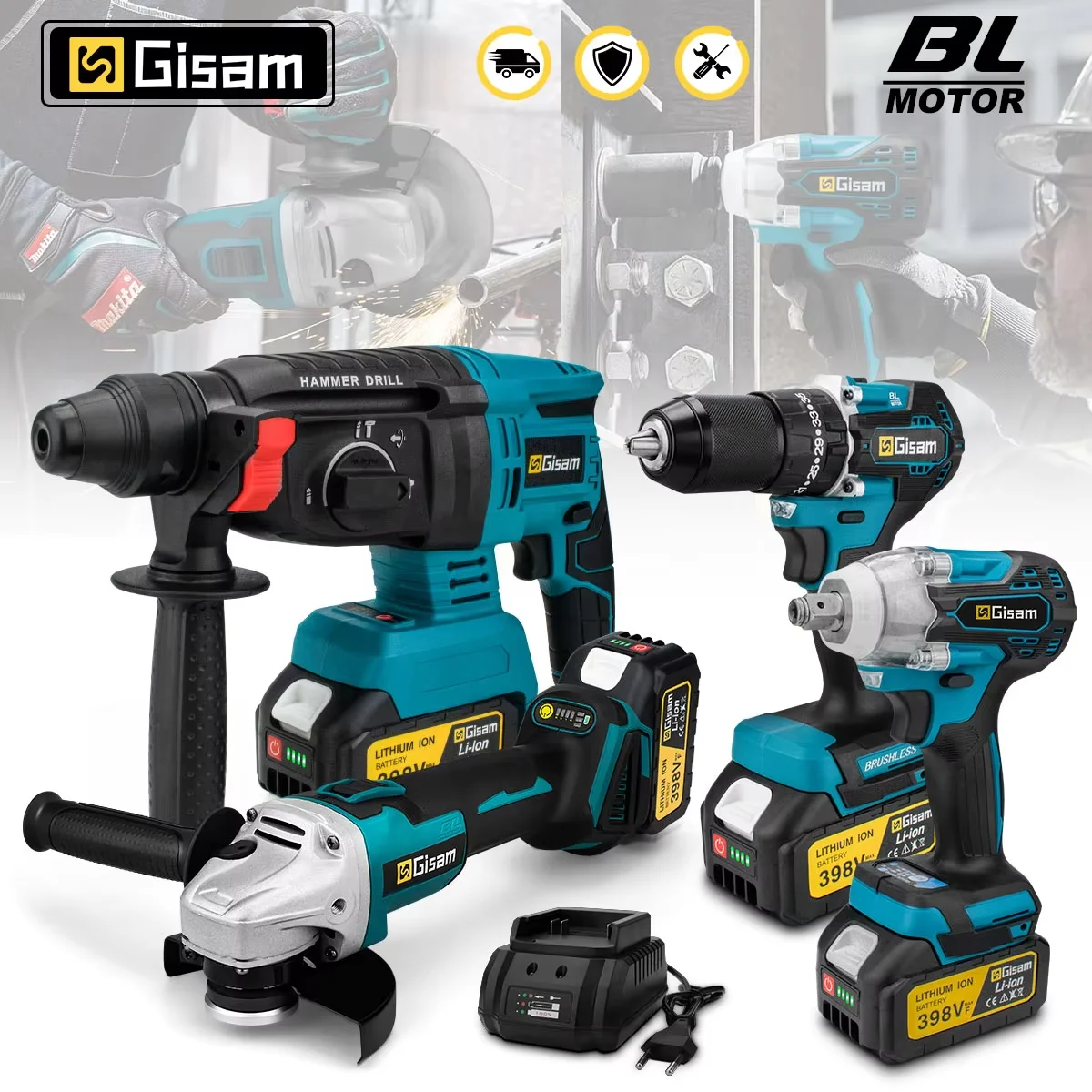 Gisam 4Pcs Brushless Combo Kits Power Tools Sets Brushless Electric Wrench Cordless Impact Drill Angle Grinder Electric Hammer