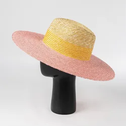 Womens Summer Beach Hat Yellow Pink 3 Tones Wheat Straw Hat Outdoor Wide Brim Sun Hat Jazz Top Panama Hat Stage Performance Hat