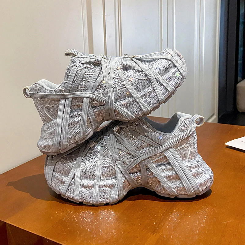 

Luxury Full Diamond Thick soled Chunky Sneakers Designer Anti slip Crisscross Straps Shoes Women's Fashion Zapatos Mujer