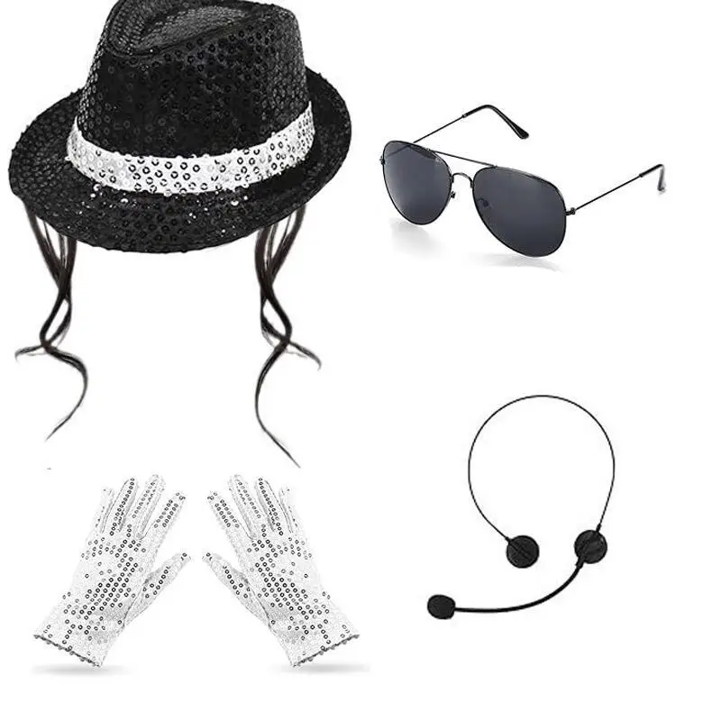 4Pcs/set Retro Star Costume Accessories Kit Performance Sequin Hat, Sunglasses, Gloves and Fake Headset for Adults Cosplay