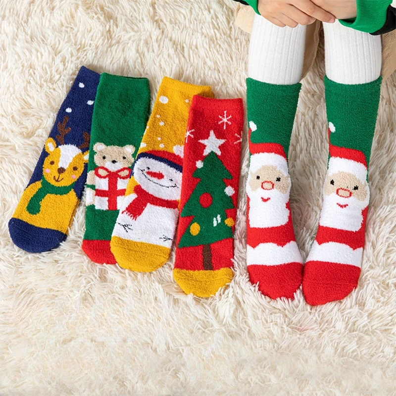 5pcs Children's Coral Velvet Christmas Socks Thick Wool Hosiery Winter Boys and Girls Red Festive Cartoon Treasure Towel Socks