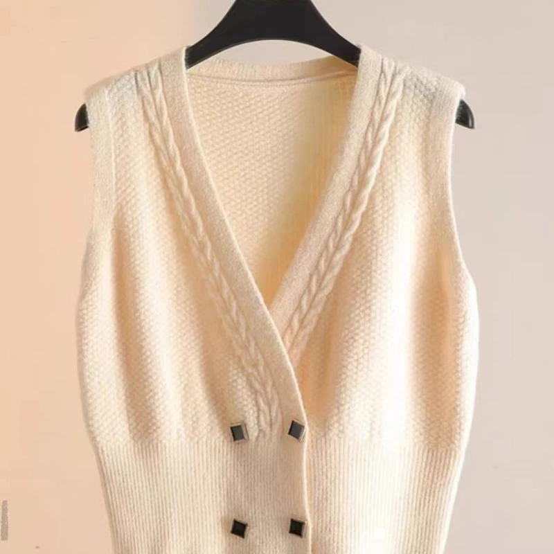 

Spring Autumn Screw Thread Button Waistcoat Womens Clothing Sweater Knitted Cardigan Vest Coats Casual Elegant Vintage Tops 3498