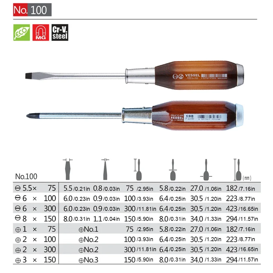 VESSEL NO.100  Wooden Handle Screwdriver Suitable for Phillips and Slotted Screws Powerful Penetration Driver