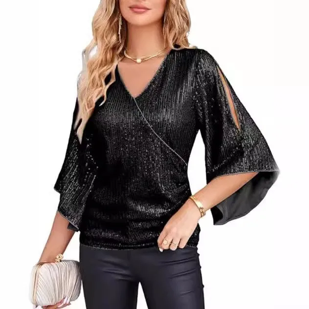 Women's Elegant Long Sleeve Blouse with Bell Sleeves V Neck Embroidery Loose Fit 3D Effect for Parties Beach Casual Wear