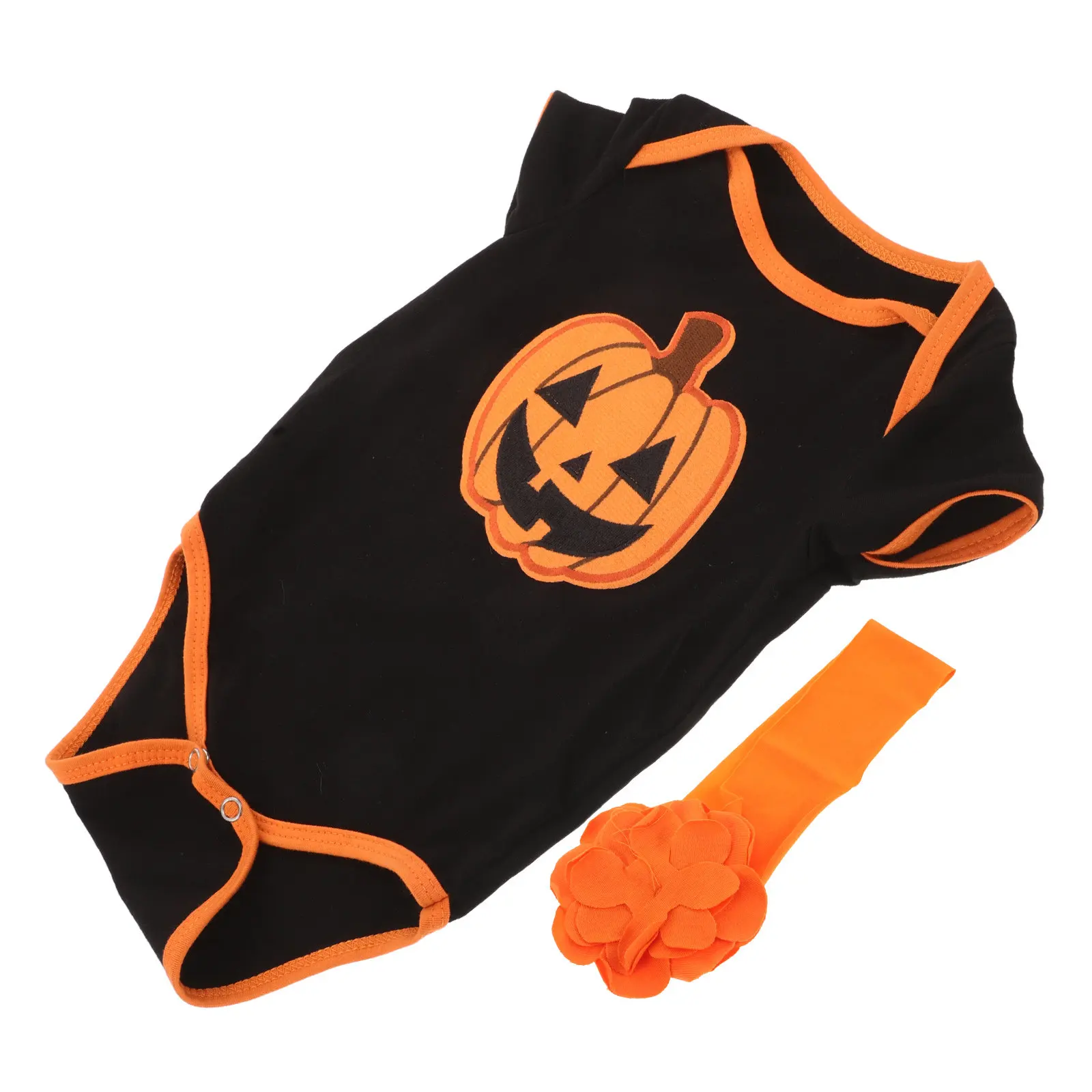 Halloween Toddler Clothes Set Pumpkin Print Baby Bodysuit Short Sleeve Newborn Fall Outfit Matching Headband Comfortable Soft