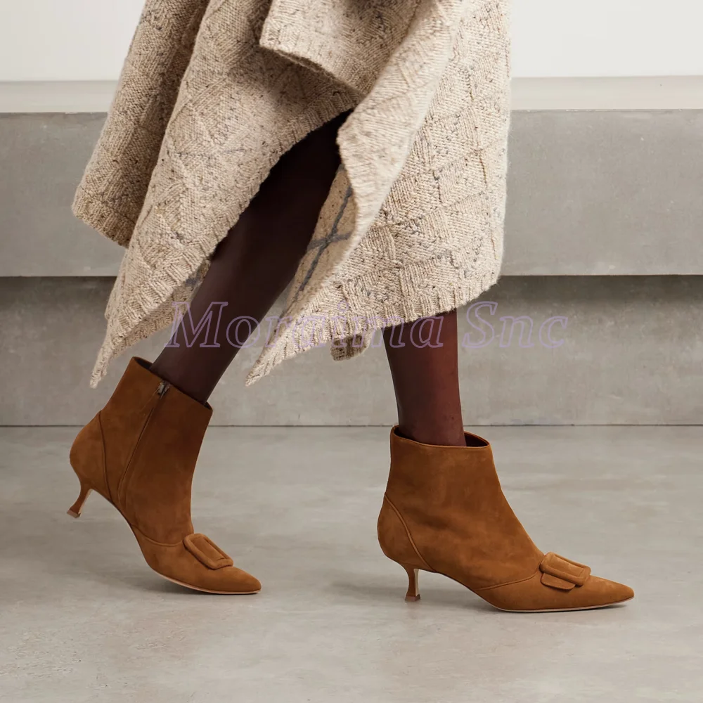 

Suede Leather Square Buckle Ankle Boots Pointed Toe Thin Low Heel Side Zipper Fashion Concise Style Women's Short Boots Brown