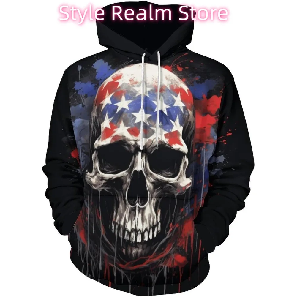 سويت شيرت بقلنسوة للرجال بعلم أمريكي أمريكي مطبوع عليه هيبي مضحك على شكل جمجمة