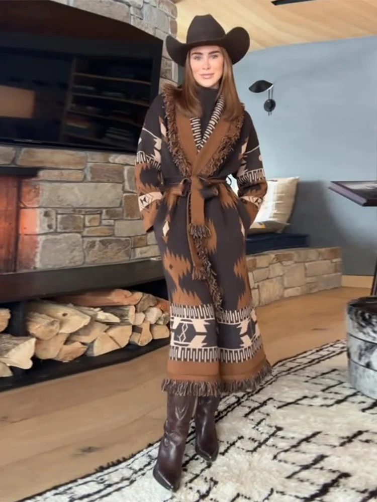 Chic Tassels Women's Cardigan Lace Up Full Sleeve V-Neck Loose Lady Coats 2026 Autumn Winter Fashion Female Street Outwear