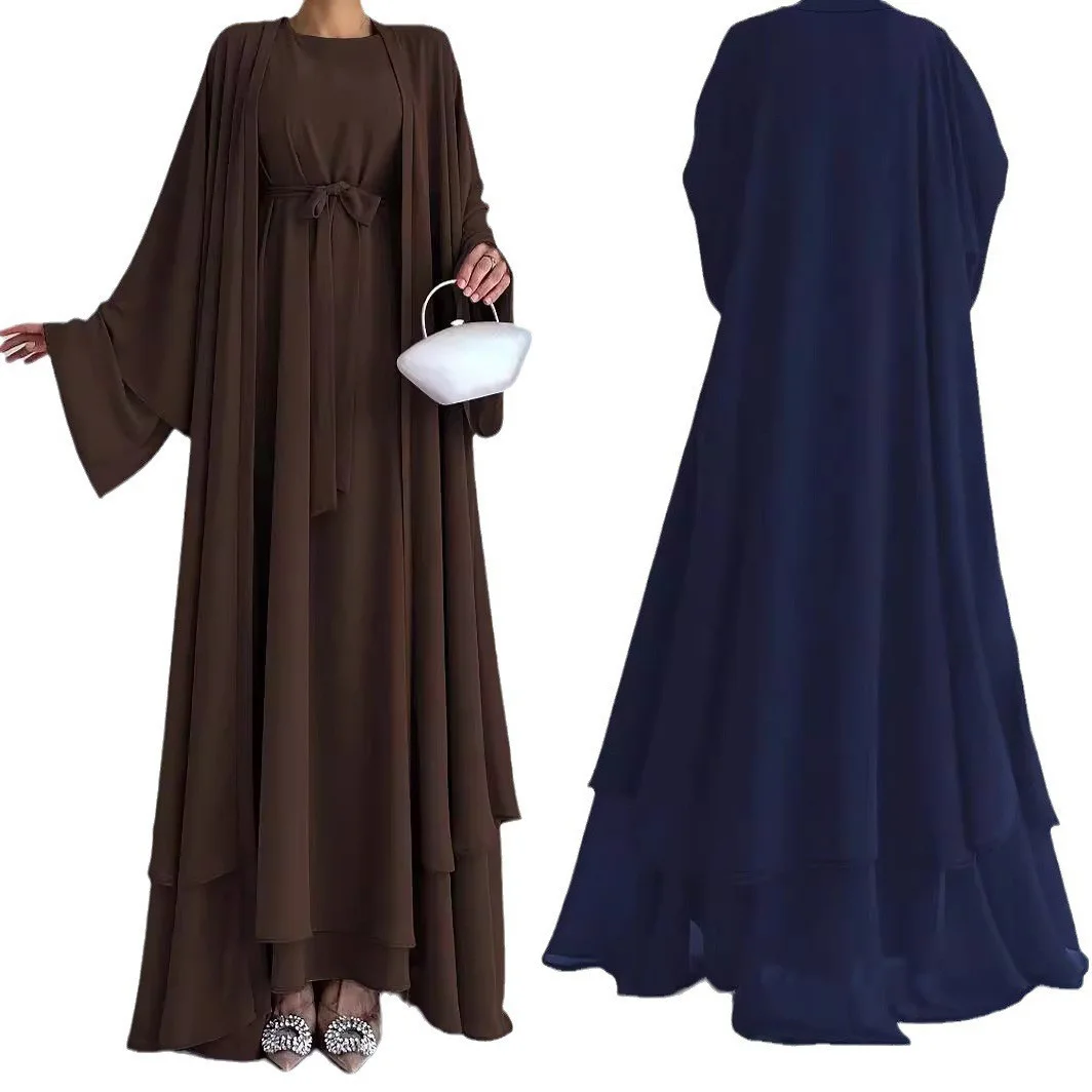 UNI Muslim Long Dress Abayas Morocco Kaftan Women Two Pieces Set Dubai Turkey Abaya Islamic Arabic Robe Eid Prayer Garment Suit