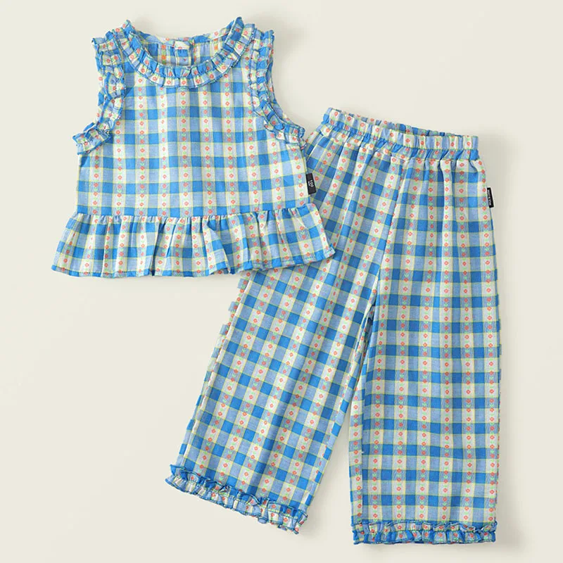 

2Piece 2025 Summer Girls Boutique Clothes Korean Fashion Blue Plaid Sleeveless Cotton Baby Tops+Loose Pants Children's Sets B125