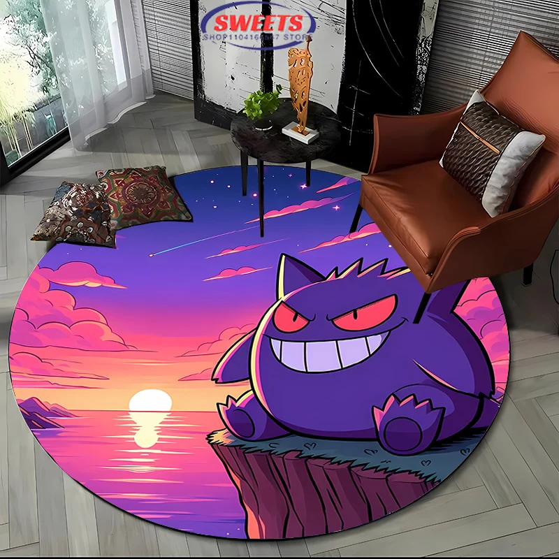 3D Cartoon Miniso Pokemon Round Carpet, Gengar Rug Non-Slip Play Mat Cute Floor Rug for Living Room Bedroom Kid's Room Round Mat