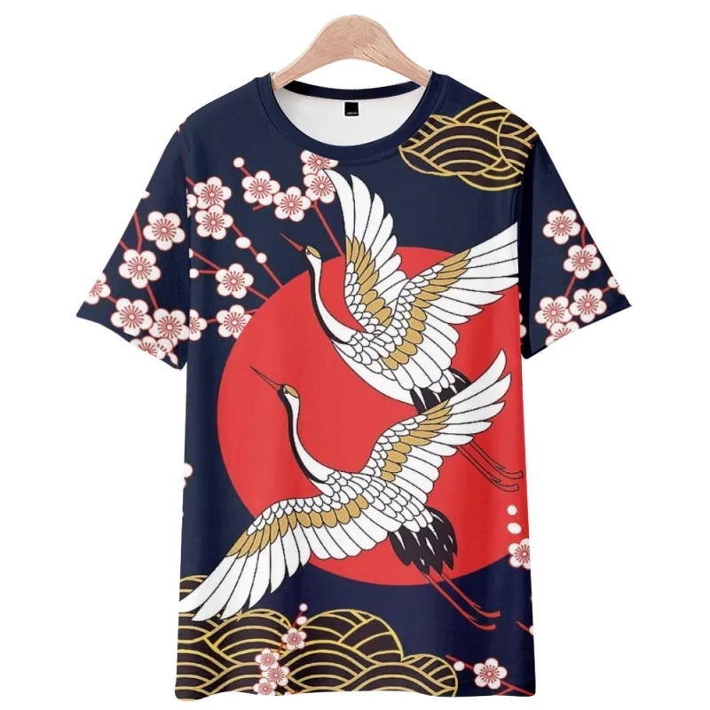 Summer Fashion Crane Floral Printed Short Sleeve O-Neck T-Shirt Men Women Casual Streetwear Versatile Hip Hop Top Tees