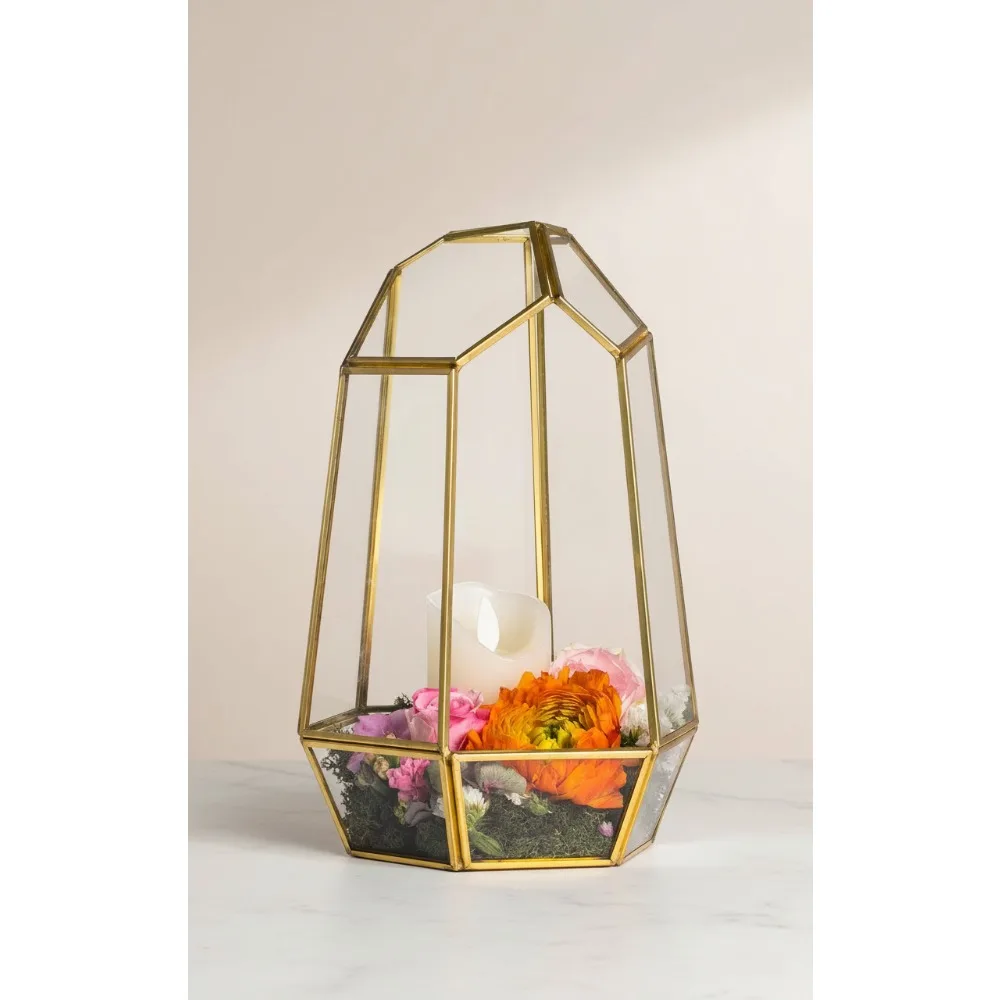 

Geometric Glass Terrarium with Brass Planter for Succulent Air Plants - Home Fairy Garden Decor, Gold Color, No Plants Included