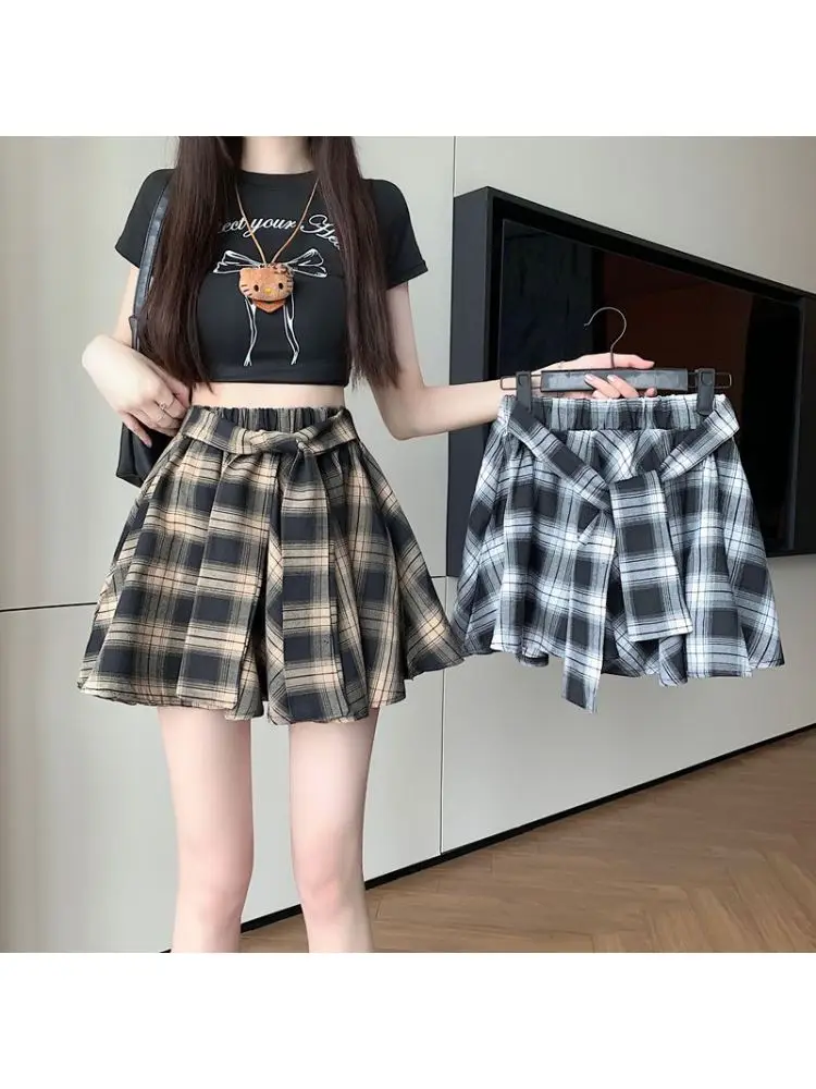 

High Waist Plaid Skirt Women's A-Line Flared Skirts Spring Summer plus Size Knot Slimming Asymmetrical Skirts