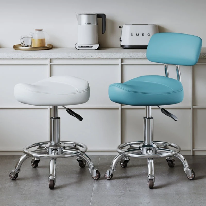 Portable PU Leather Saddle Stool Mobile Lift Salon Stools Beauty Salon Backrest Seat Professional Hairdressing Stool with Wheels
