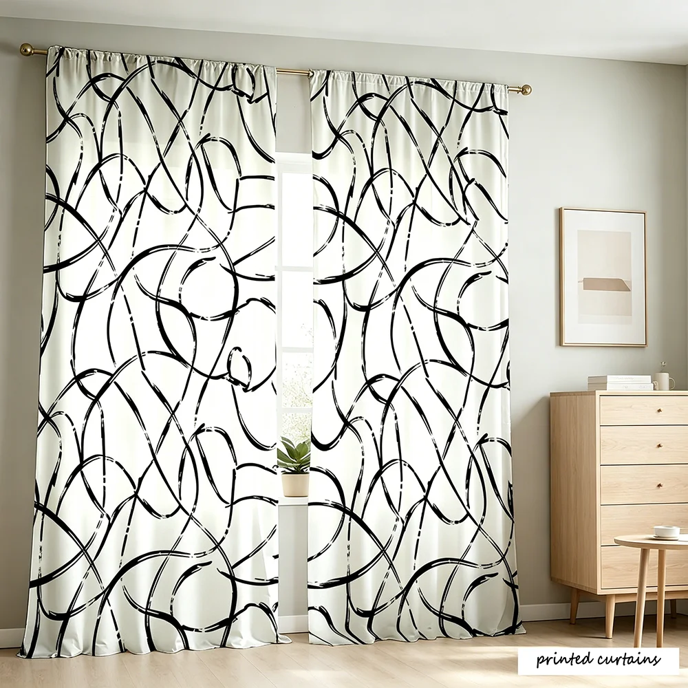 2PCS digital printed curtains with black and white abstract line graffiti patterns, minimalist modern art style, featuring pole