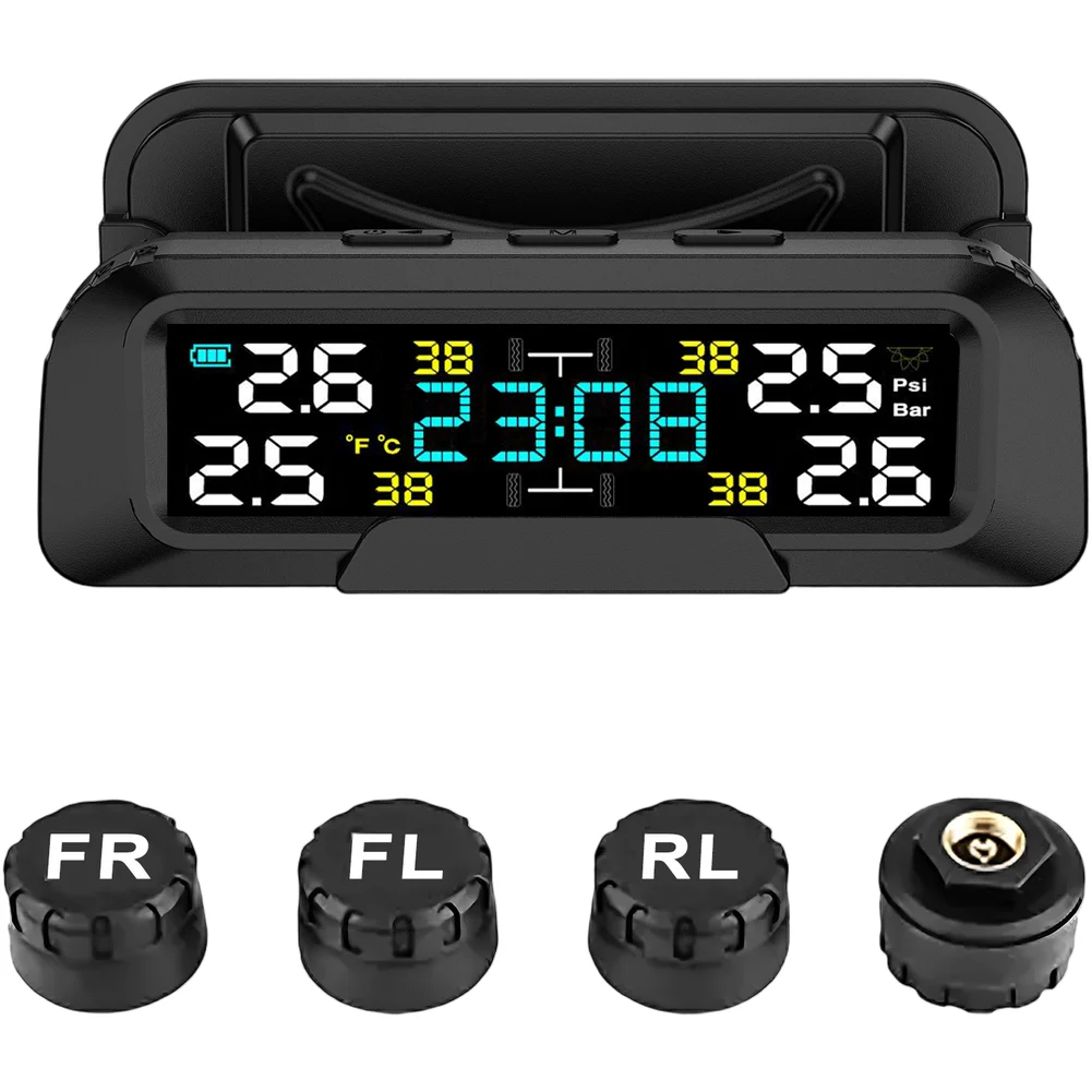 

Wireless Tire Pressure Monitor TPMS with LCD Screen Solar USB Rechargeable Four Tire Monitoring Low Pressure System