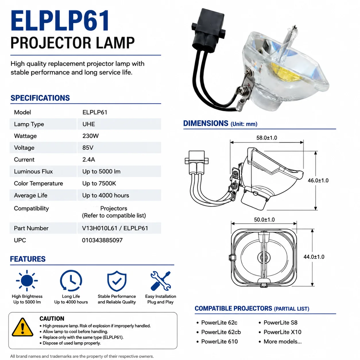 Top Quality Projector Lamp ELPLP50 ELPLP53 ELPLP54 ELPLP55 ELPLP56 ELPLP57 ELPLP58 ELPLP61 for EB-S7 EB-X7 EB-W7 EX31 EX51 EX71
