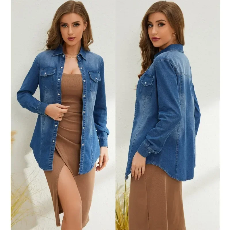 2024 Spring Summer Leisure Lapel Single Breasted Women's Slim Fit Slimming Commuting Retro Long Sleeve Denim Jacket