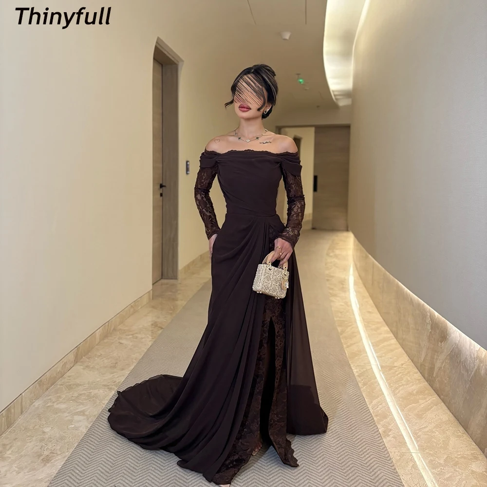 

Thinyfull Mermaid Chiffon/Lace Arab Prom Dress Off Shoulder Full Sleeves Evening Dress Formal Gown robes de soirée Customized