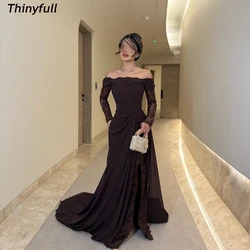 Thinyfull Mermaid Chiffon/Lace Arab Prom Dress Off Shoulder Full Sleeves Evening Dress Formal Gown robes de soirée Customized