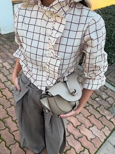 Imagen 2 del producto Camisas moradas a cuadros con volantes para mujer, blusas informales con cuello levantado a la moda para fiesta, Tops elegantes para mujer, ropa 2025