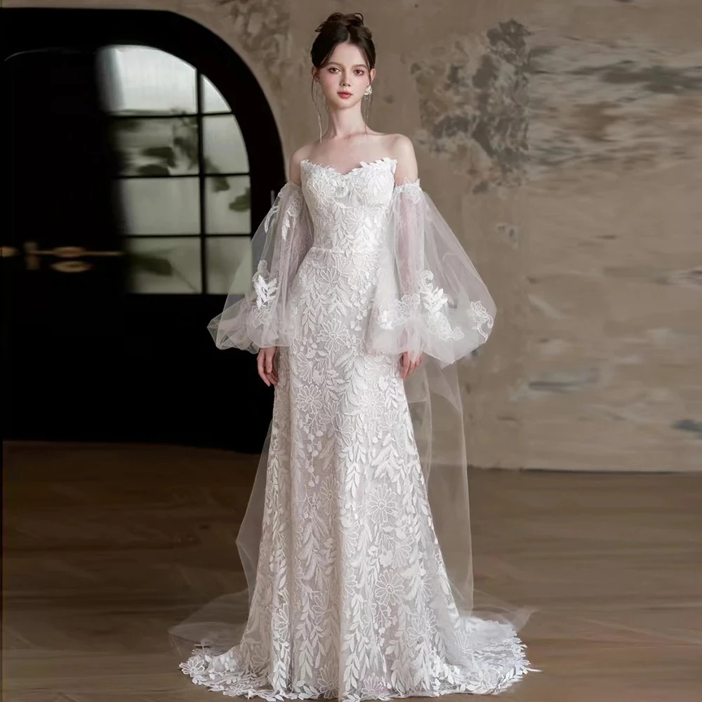 Customized Graceful Unique Lace Wedding Dresses with Detachable Long Sleeve Cape Narrow A Line Elegant Bridal Gowns