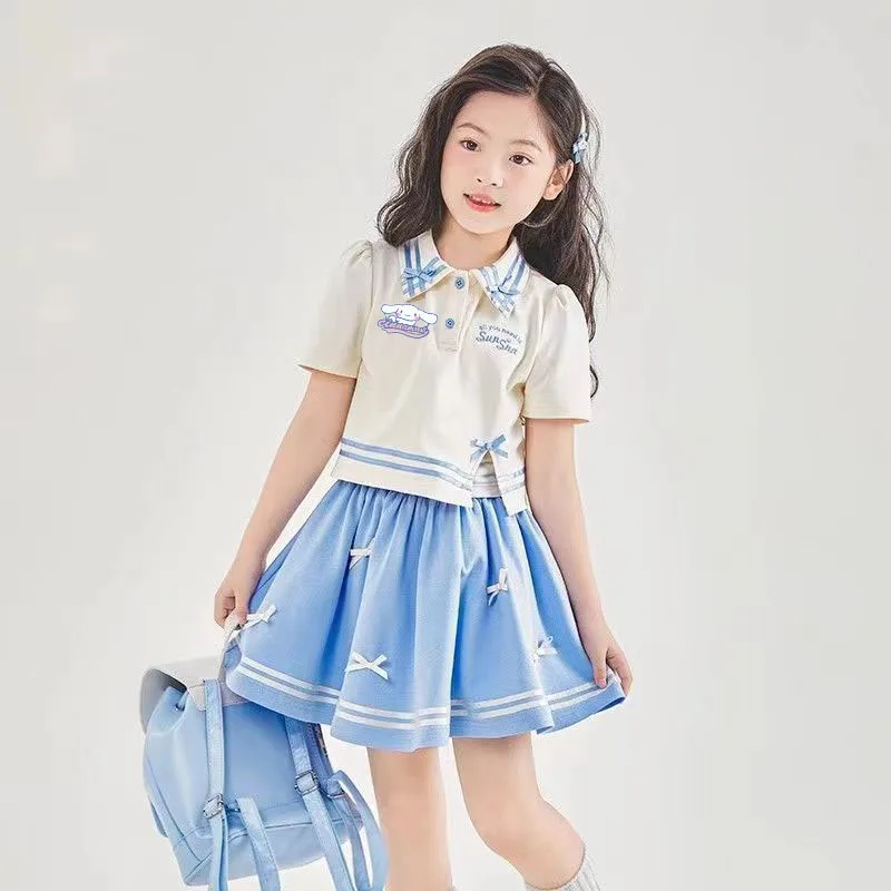 Sanrioed Cinnamoroll Kids Fashion Outfit Girls Short Sleeve Pleated Skirt Princess Two Piece Preppy Outfit Summer Kids Clothes