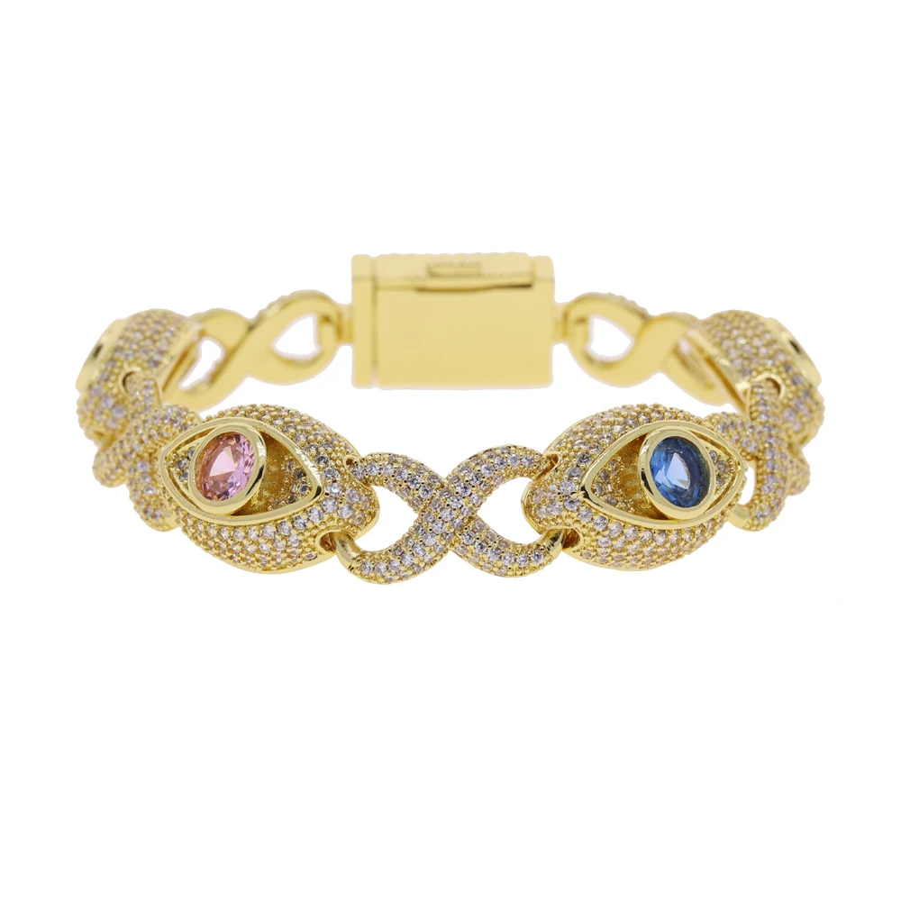 Iced Out Infinity Link Eye Charm Bracelet for Men Women Silver Color Pink Blue Cubic Zirconia Cuban Chain Bangle Hip Hop Jewelry