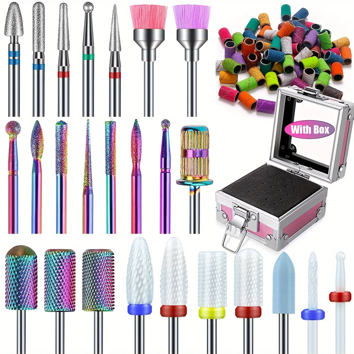 

Nail Drill Bits Set with Pink Holder and 50pcs 8 Colors Sanding Bands with Storage, Tungsten Carbide Ceramic Nail Drill Bits