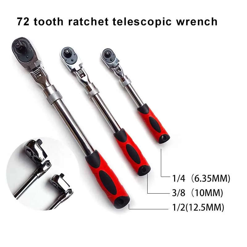 

72 Teeth 1/4 1/2 3/8 Telescopic Ratchet Spanner Quick Release Adjustable 90 Degrees Scaffold Handle Flexible Head Ratchet Wrench