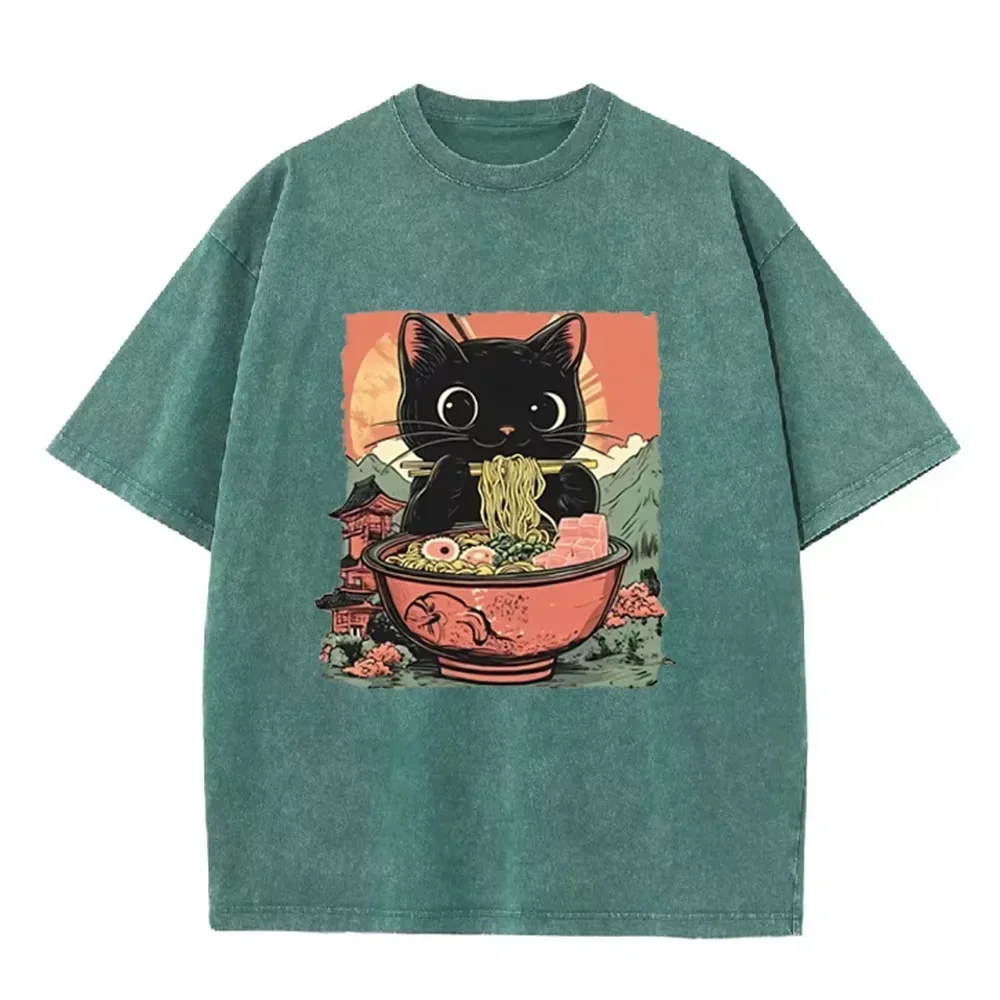 Vintage Washed T-Shirt mit süßer schwarzer Katze, die japanisches Ramen isst, Ukiyo-e-Bergdruck, Oversized Streetwear, Kurzarm-T-Shirt, asiatische Größe