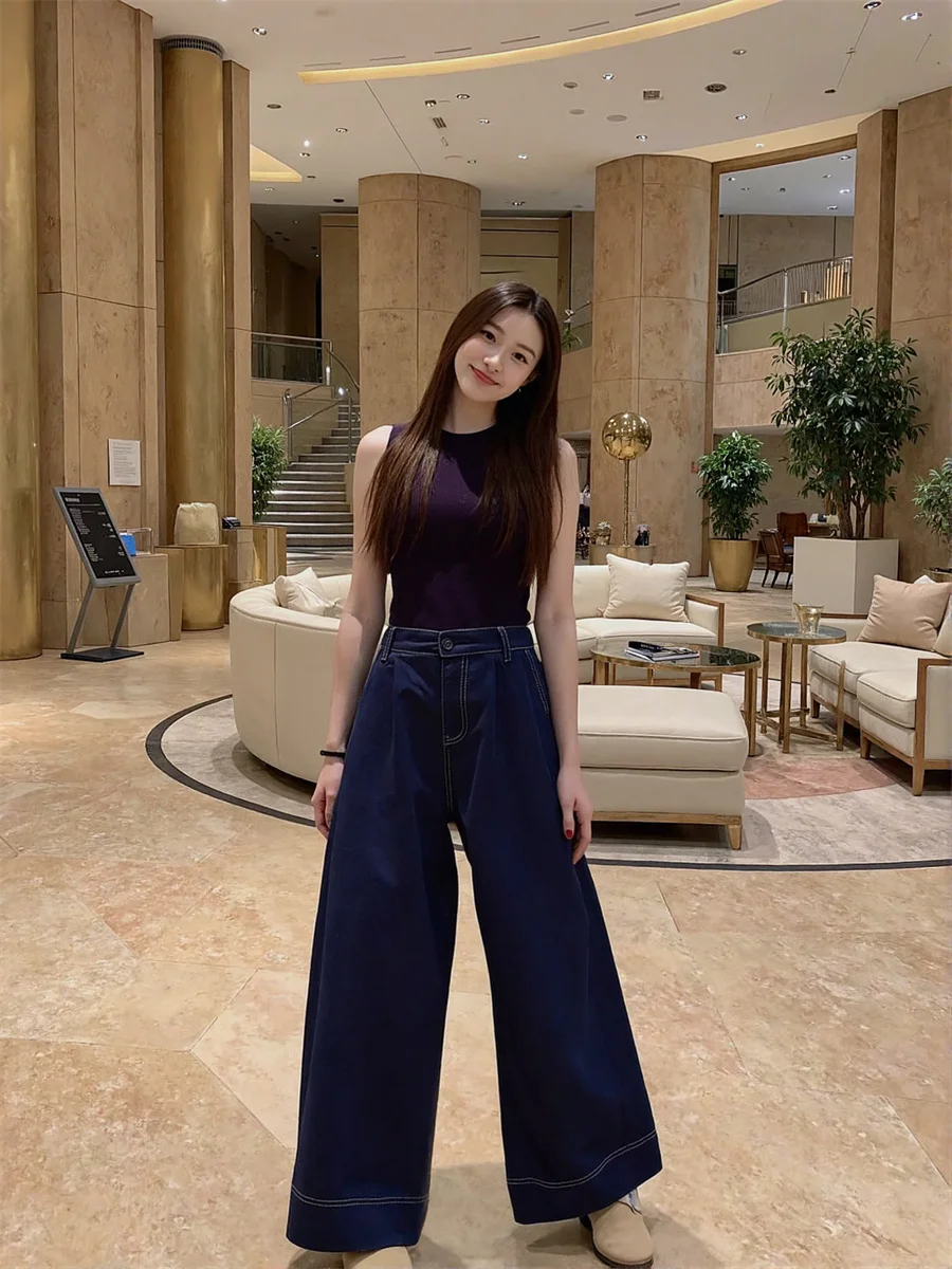 Damskie jeansy z szerokimi nogawkami, kieszeniami, zapinane na guziki, w stylu boyfriend, ciemnoniebieskie, luźny krój, styl high street, casual, modne, europejski styl, klasyczne z nadrukiem.