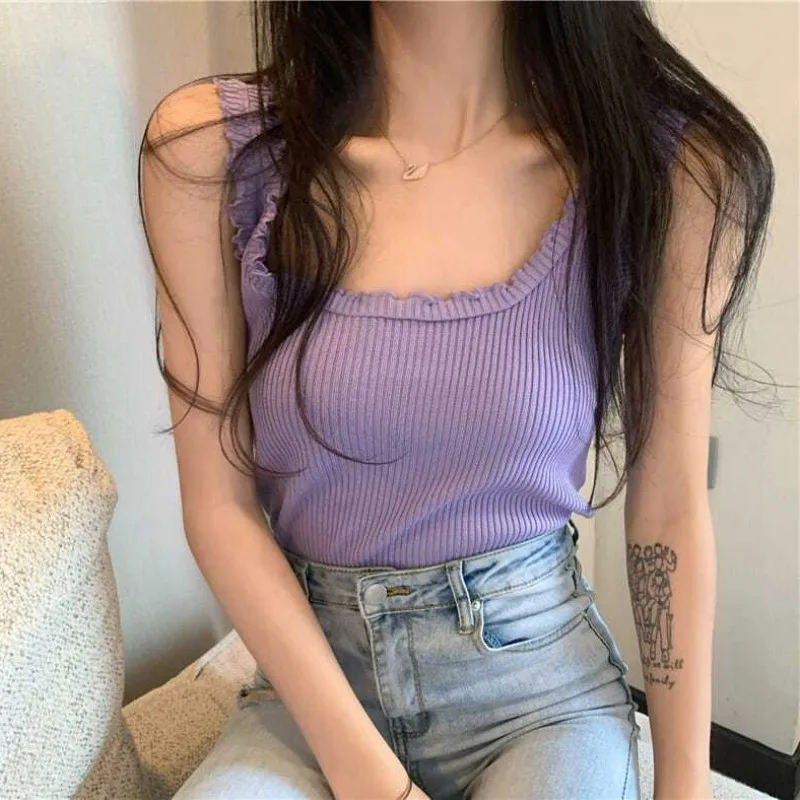 

Edible Tree Fungus Tank Tops Women Knitted Lovely Preppy Style Chic Korean Sleeveless Pure Cute Student All-match Summer Clothes