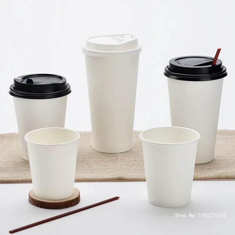 50pcs High Quality White Disposable Coffee Cup 8oz 250ml Small Thickened Paper Cup Hot Drink Takeaway Packaging Cup with Lid