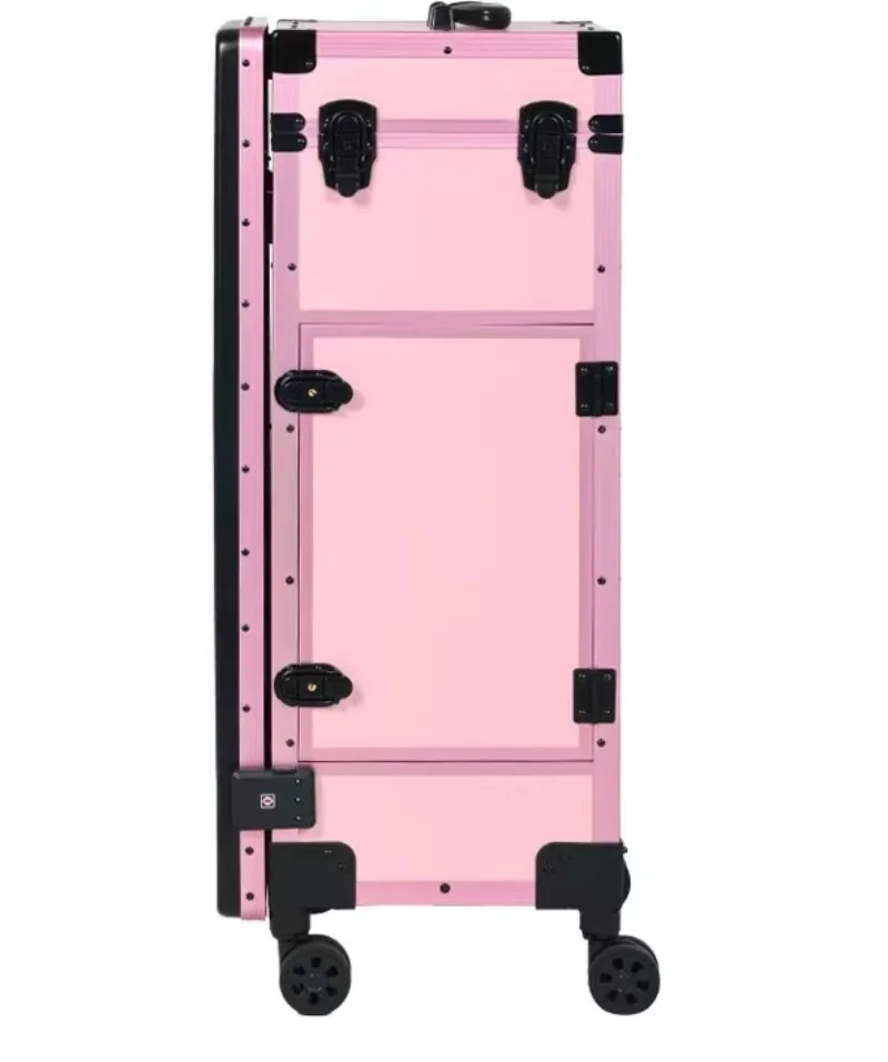 Black Pink Universal Double Row Wheel Vanity Case Beauty Pattern Embroidery Set Makeup Storage Box Nails